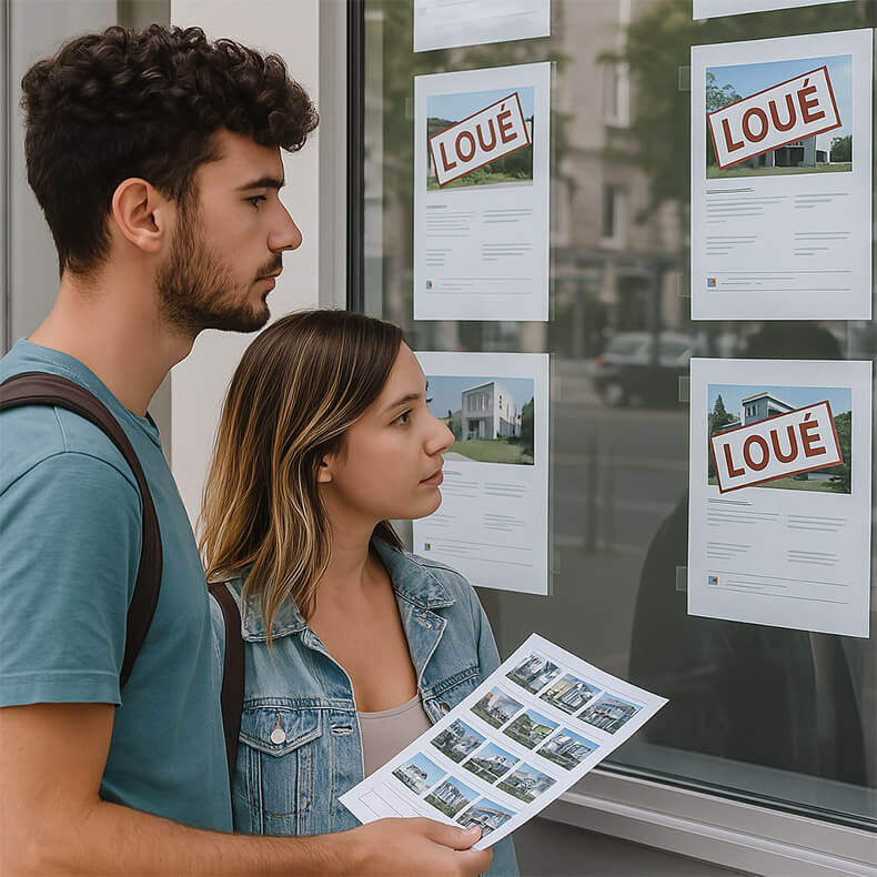 Jeunes devant une vitrine d'annonces immobilières, qui cherchent un logement